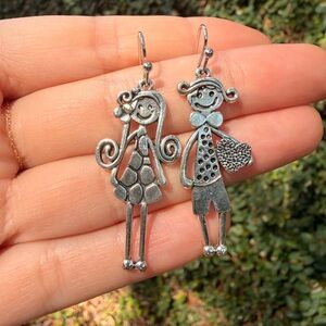 Silver Girl & Boy Dangle Earrings - Cute Heart Design